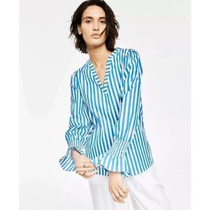 BAR III Women's Striped Smocked-Cuff Top 100% cotton MBAR III Women's Striped Sm